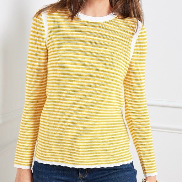 Talbots Sweaters - TALBOTS Crewneck Knit Sweater Scallop Trim Yellow White Stripe Preppy Coastal M